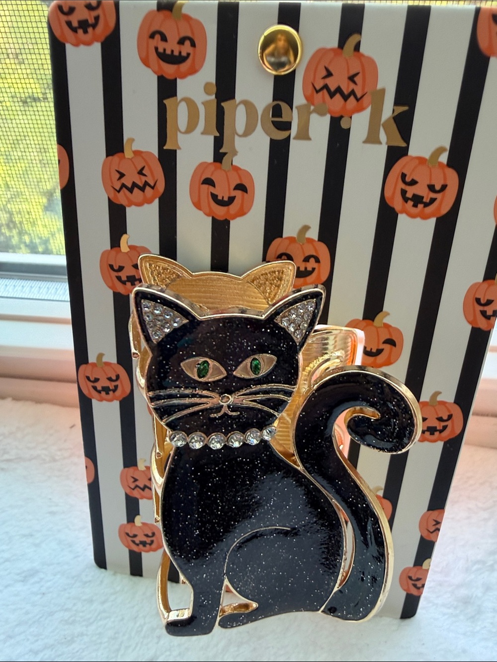 Piper Black Glitter Cat Hair Clip with Gold Accents and Rhinestones